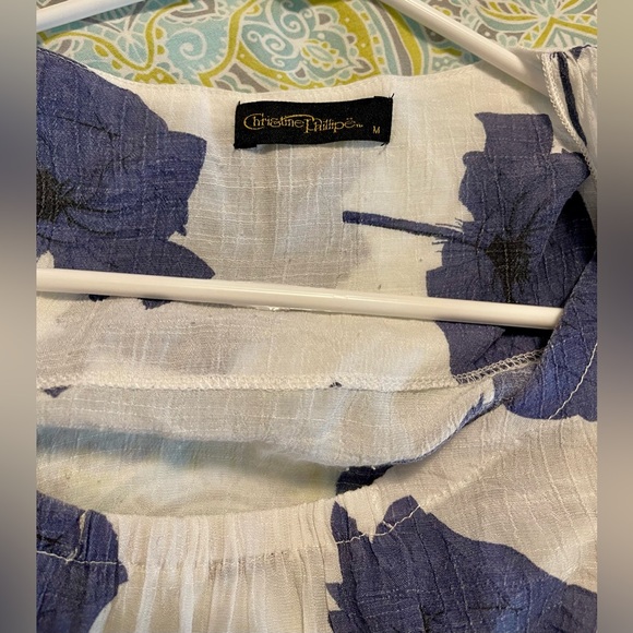 Christine Phillipe Tunic Size M White Blue Leaf Pattern Fit & Flare Layered - Picture 4 of 5